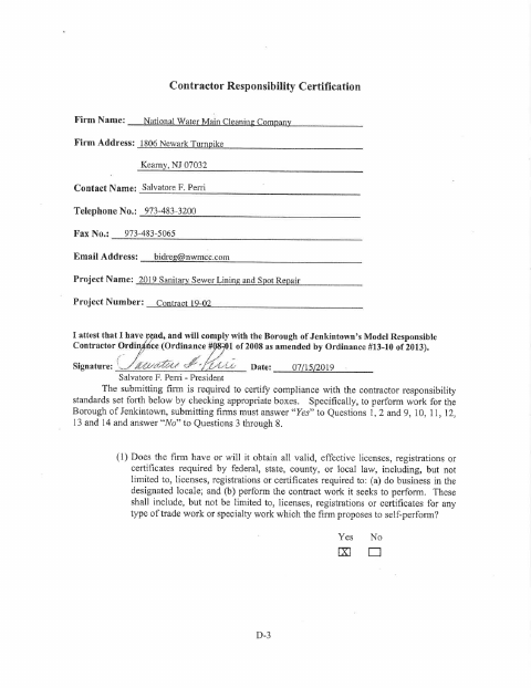 First page of the Contractor Responsibility Certification
