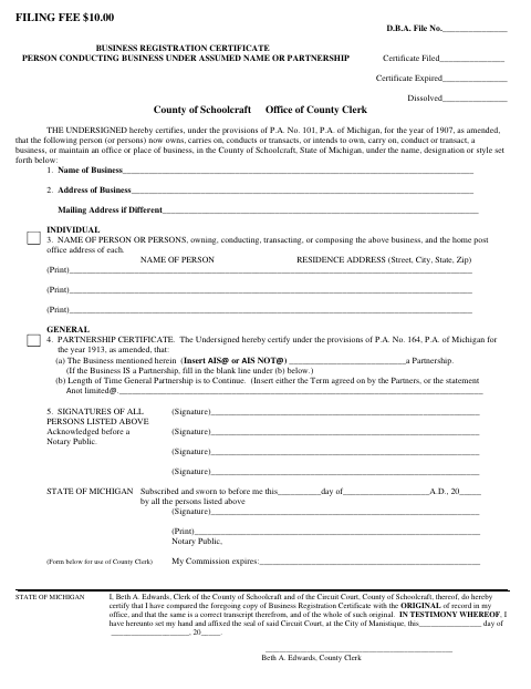 Business Registration Certificate Under Assumed Name or Partnership, Schoolcraft County form, first page