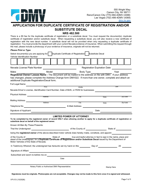 VP-013 Application for Duplicate Certificate of Registration and Substitute Decal first page