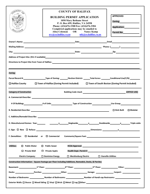 Building Permit Application, Halifax County form, first page