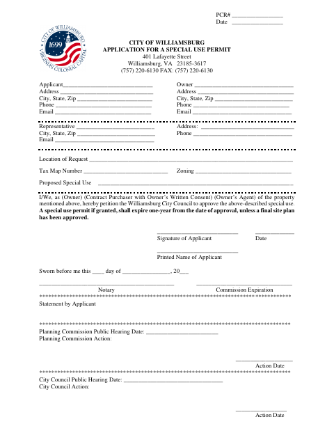 Application for a Special Use Permit, City of Williamsburg form, first page