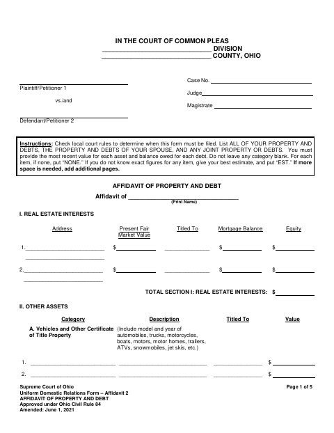 Affidavit Of Property And Debt, Miami County form, first page