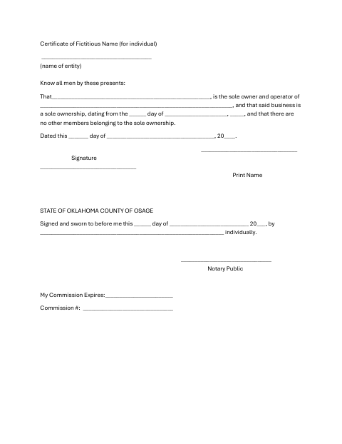 Certificate of Fictitious Name for Individual, Osage County form, first page