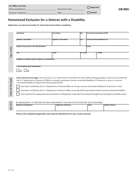First page of the Homestead Exclusion for a Veteran With a Disability