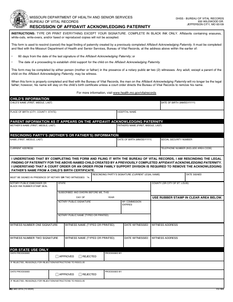 Rescission of Affidavit Acknowledging Paternity MO 580-2216 first page