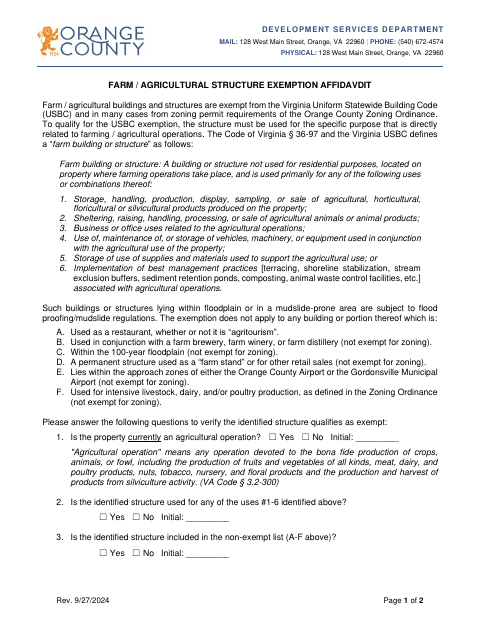 Farm / Agricultural Structure Exemption Affidavit, Orange County form, first page