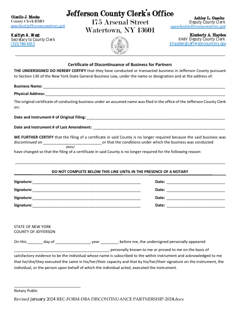 Certificate of Discontinuance of Business for Partners, Jefferson County form, first page
