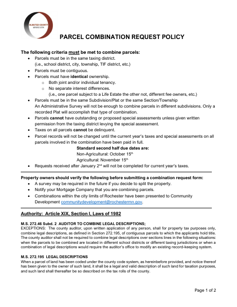 First page of the Parcel Combination Request Form