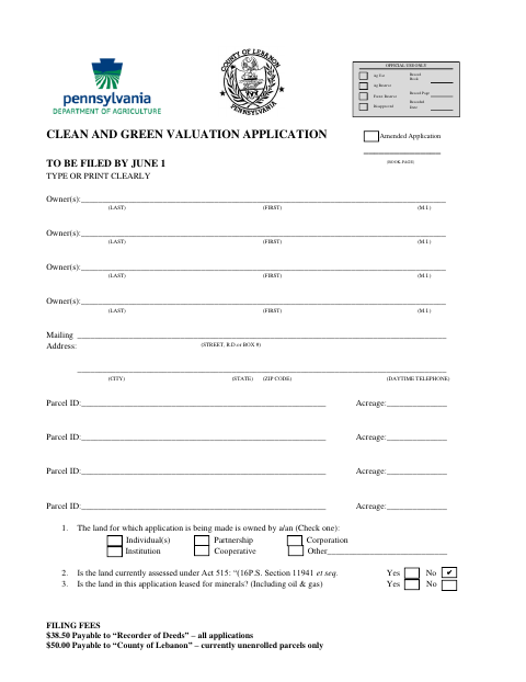 Clean and Green Valuation Application, Lebanon County form, first page