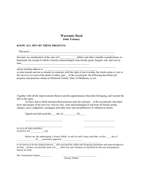 Warranty Deed Joint Tenancy, McIntosh County form, first page