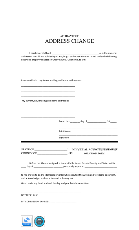 Affidavit of Address Change, Grady County form, first page