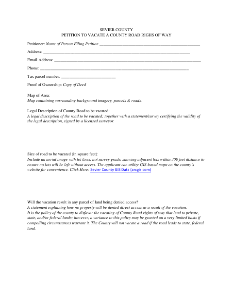 Petition to Vacate a County Road Right of Way, Sevier County form, first page