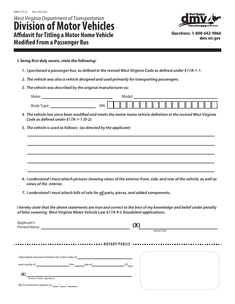 DMV-215-A Affidavit for Titling a Motor Home Modified From a Passenger Bus first page