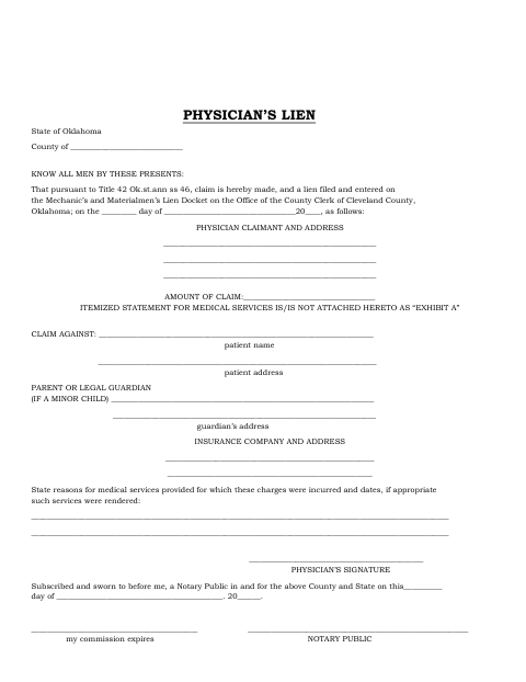 Physician’s Lien, Cleveland County form, first page