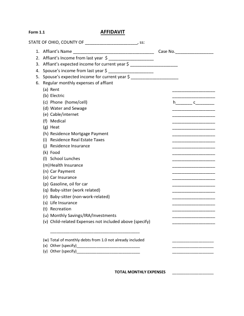 Affidavit of Income and Expenses, Clinton County form, first page