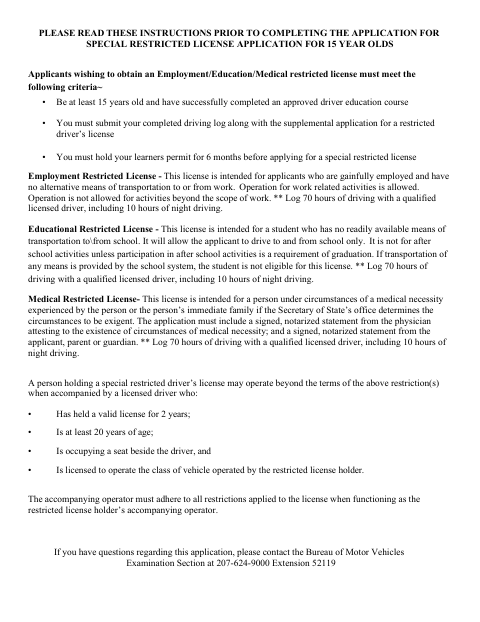 MVE-64A Special Restricted License Application for 15-Year-Olds first page