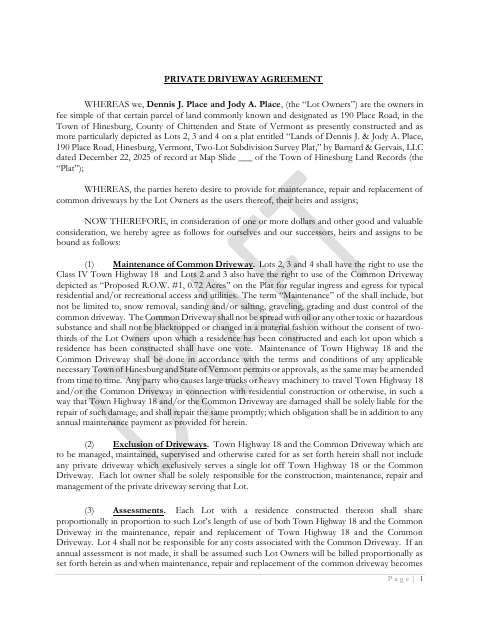 First page of the Private Driveway Agreement