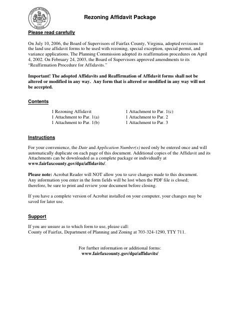 Rezoning Affidavit Package, Fairfax County form, first page