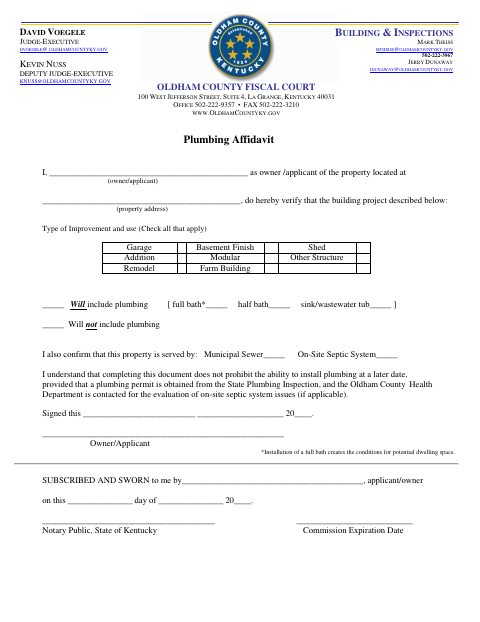 Plumbing Affidavit, Oldham County form, first page