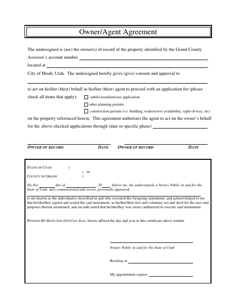 Owner/Agent Agreement, Grand County form, first page