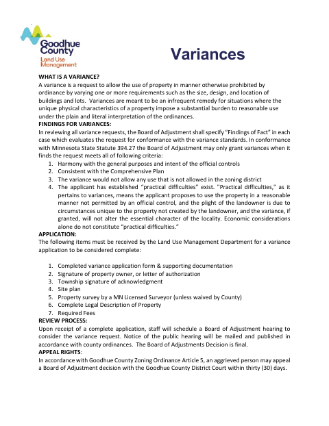 First page of the Variance Application