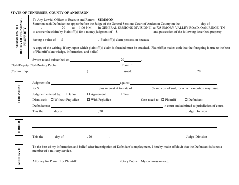 Summons To Recover Personal Property, Anderson County form, first page