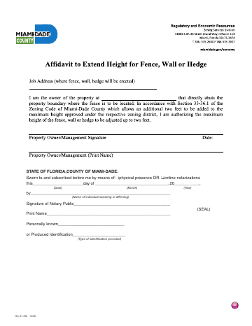 Affidavit extend height Fence Wall Hedge — Miami-Dade County form, first page