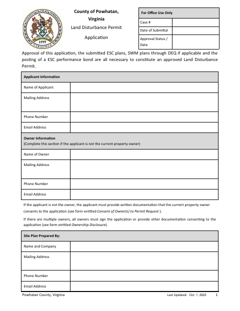Land Disturbance Permit Application, Powhatan County form, first page