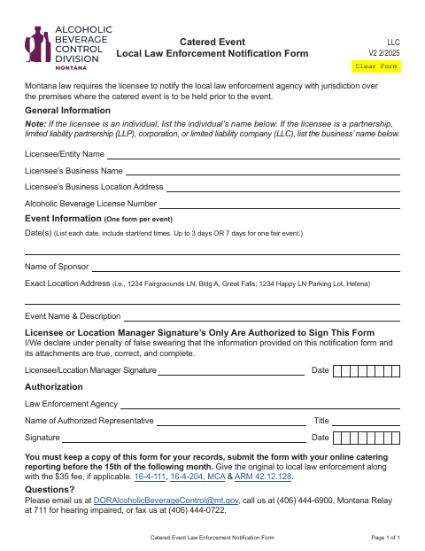 First page of the Catered Event Local Law Enforcement Notification Form