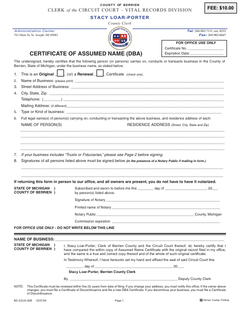 Certificate of Assumed Name, Berrien County form, first page