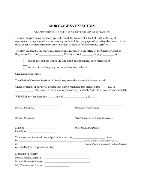 Mortgage Satisfaction, York County form, first page