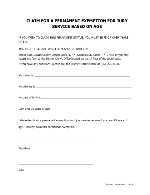 First page of the Claim for a Permanent Exemption for Jury Service Based on Age