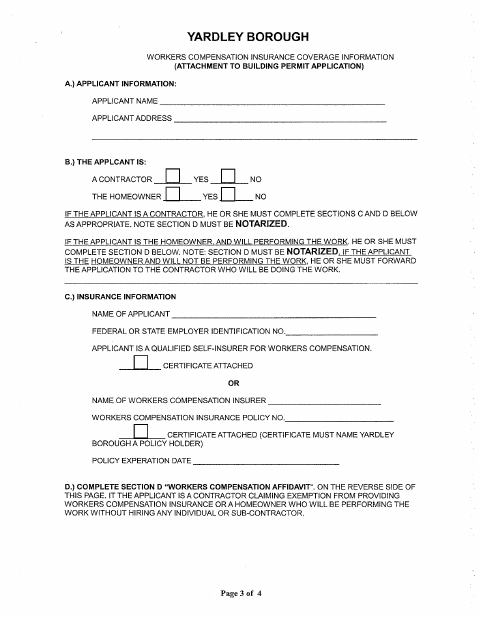 First page of the Workers Compensation Coverage Information and Affidavit