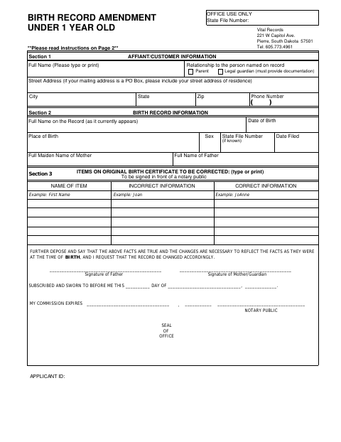 Birth Record Amendment Under 1 Year Old first page