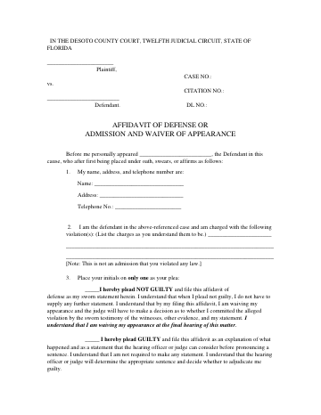 AFFIDAVIT OF DEFENSE OR ADMISSION AND WAIVER ... — DeSoto County form, first page