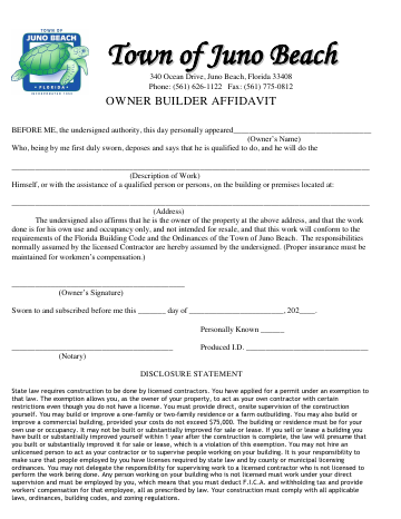 First page of the Owner Builder Affidavit