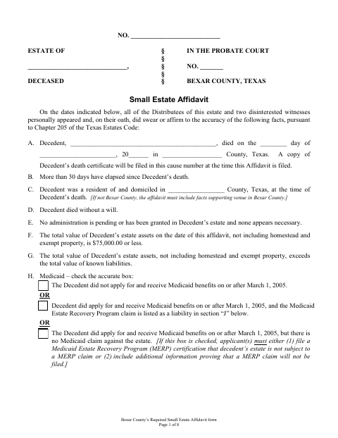 Small Estate Affidavit, Bexar County form, first page