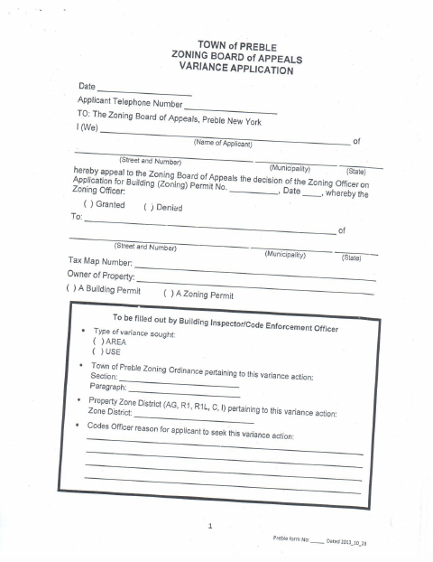 First page of the Zoning Board of Appeals Variance Application