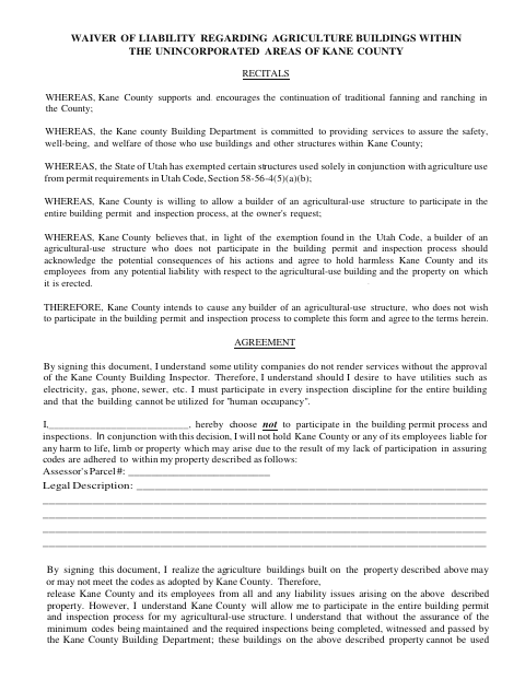 Agricultural Building Liability Waiver, Kane County form, first page