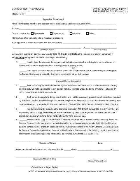 Owner Exemption Affidavit, Randolph County form, first page