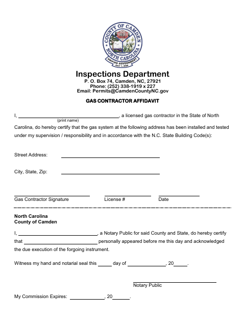 Gas Contractor Affidavit, Camden County form, first page