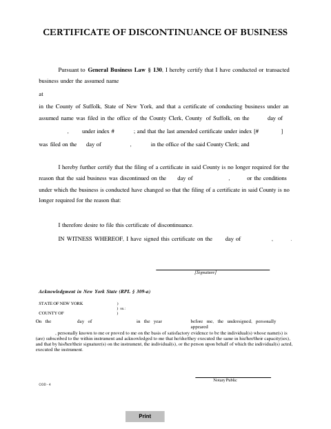 Certificate of Discontinuance of Business, Suffolk County form, first page