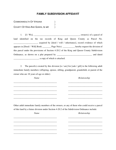Family Subdivision Affidavit, King and Queen County form, first page