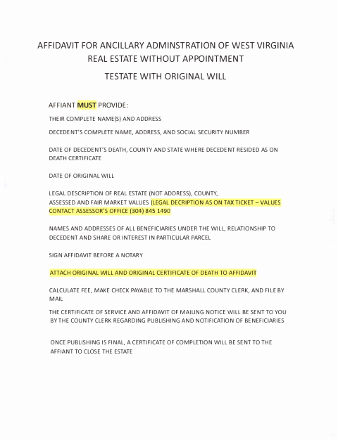 Affidavit for Ancillary Administration of West Virginia Real Estate Without Appointment, Testate With Original Will, Marshall County form, first page