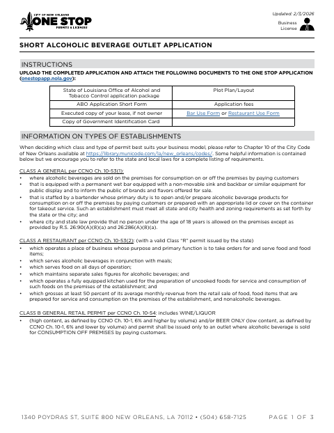 Short Alcoholic Beverage Outlet Application, Orleans Parish form, first page