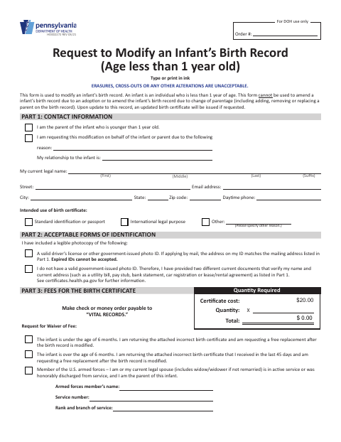 HD002272 Request to Modify an Infant’s Birth Record first page