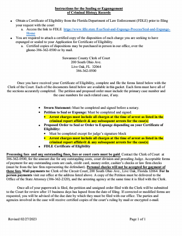 Obtain a Certificate of Eligibility from the Florida — Suwannee County form, first page