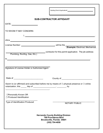 SUB-CONTRACTOR AFFIDAVIT — Hernando County form, first page