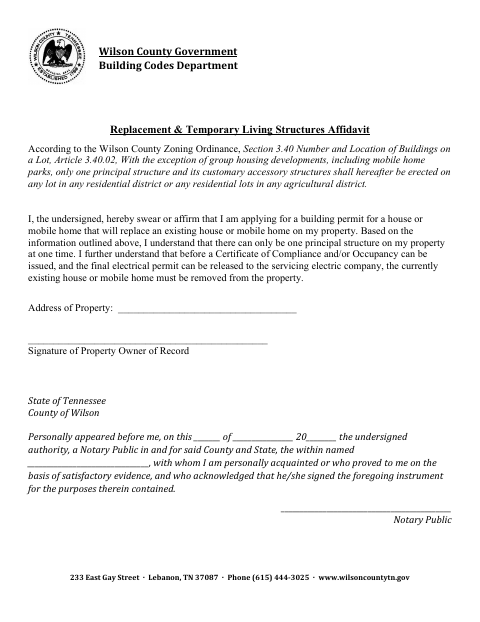 Replacement and Temporary Living Structures Affidavit, Wilson County form, first page