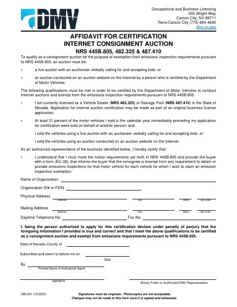 OBL331 Affidavit for Certification of Internet Consignment Auction first page